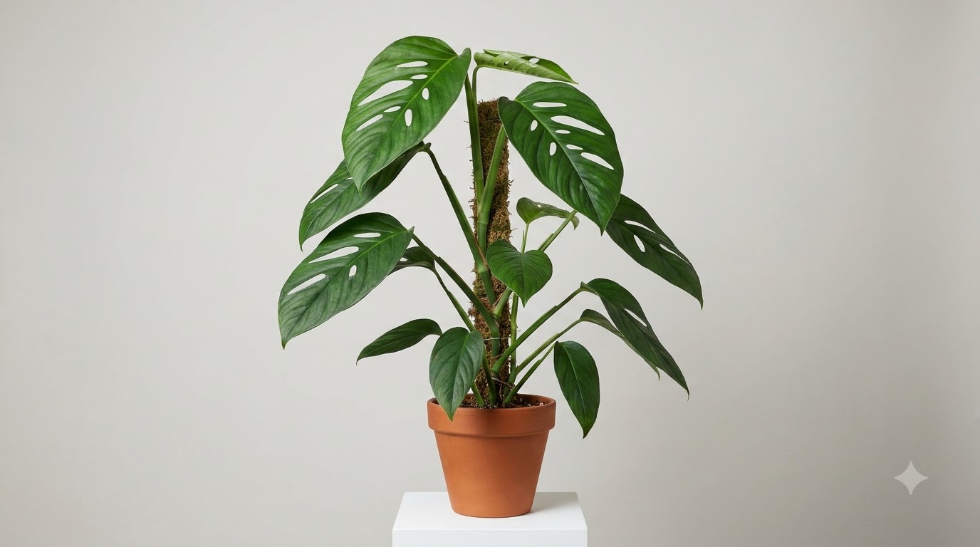 Monstera plant with large fenestrated leaves supported by a moss pole in a terracotta pot on a white pedestal.