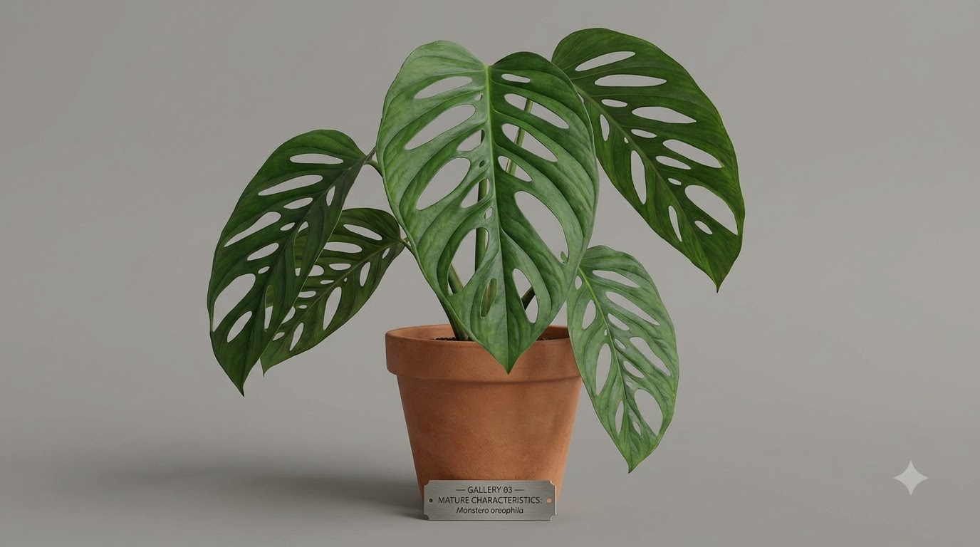 Monstera oreophila plant with fenestrated leaves in a terracotta pot with a label.