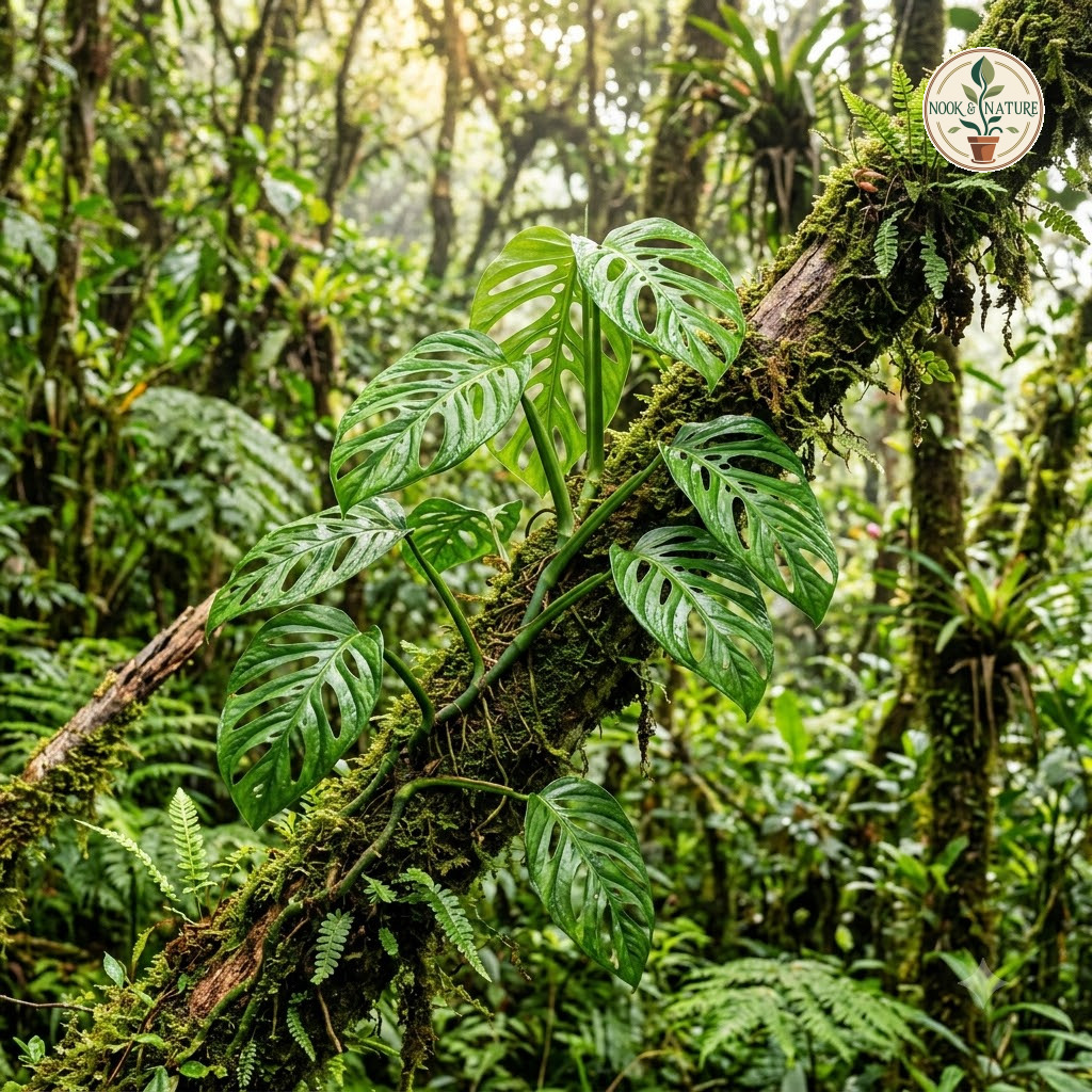 Monstera oreophila climbing a mossy tree trunk in a tropical forest.