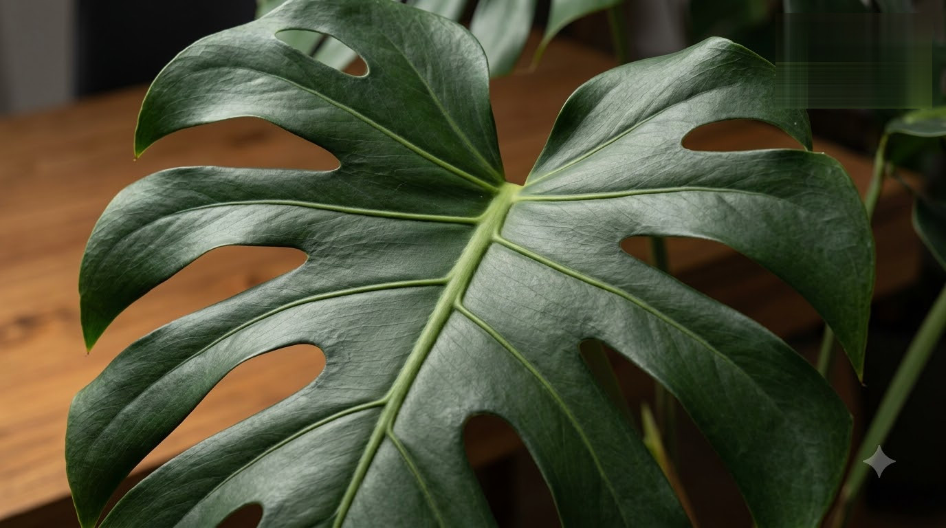 Close-up of a large green leaf with distinct natural splits and holes against a wooden background.