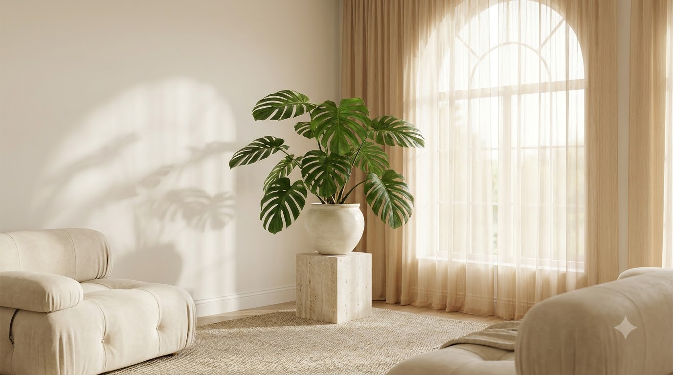 A large potted plant on a stone pedestal in a bright room with an arched window and light-colored sofas.