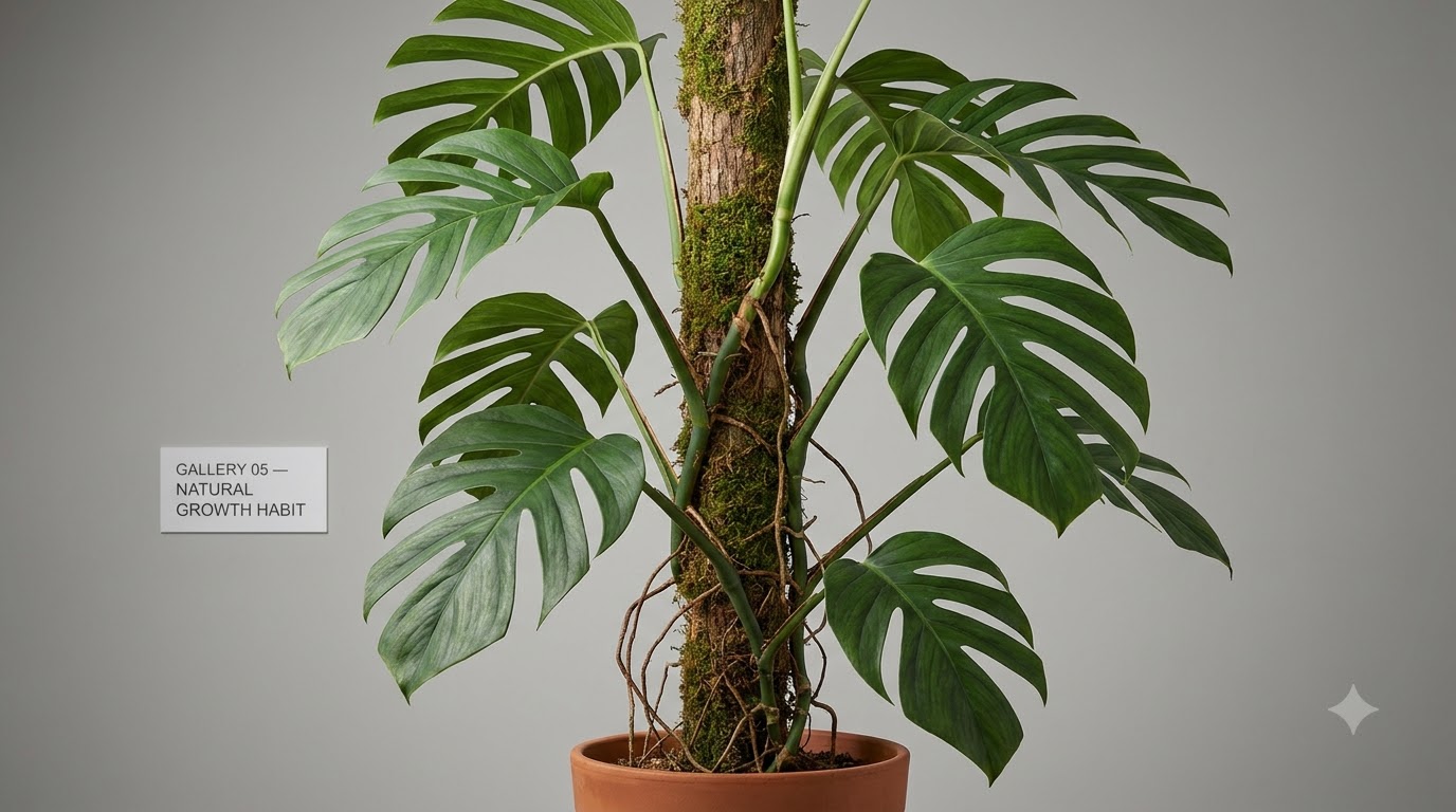 Monstera plant climbing a moss pole in a terracotta pot with a gallery label nearby.