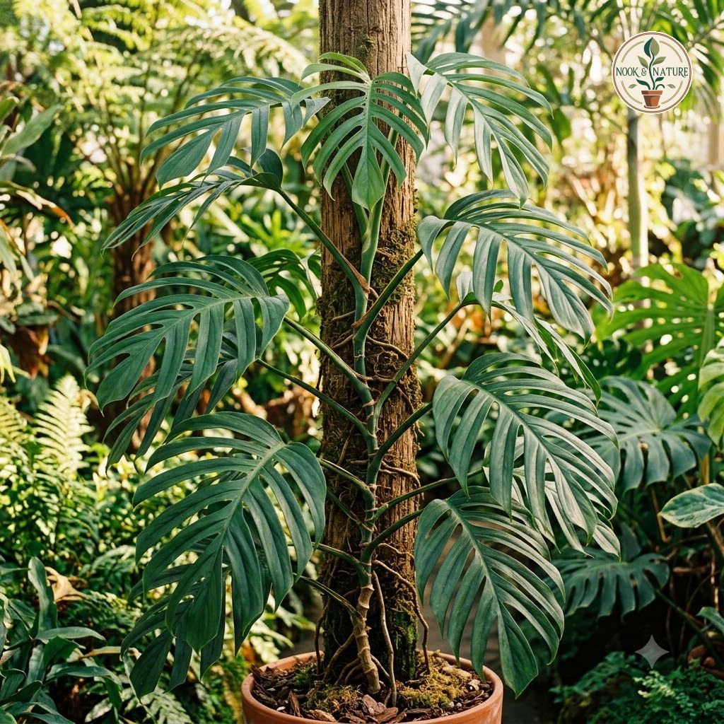 Monstera pinnatipartita climbing up a moss pole with deeply lobed leaves in a pot.