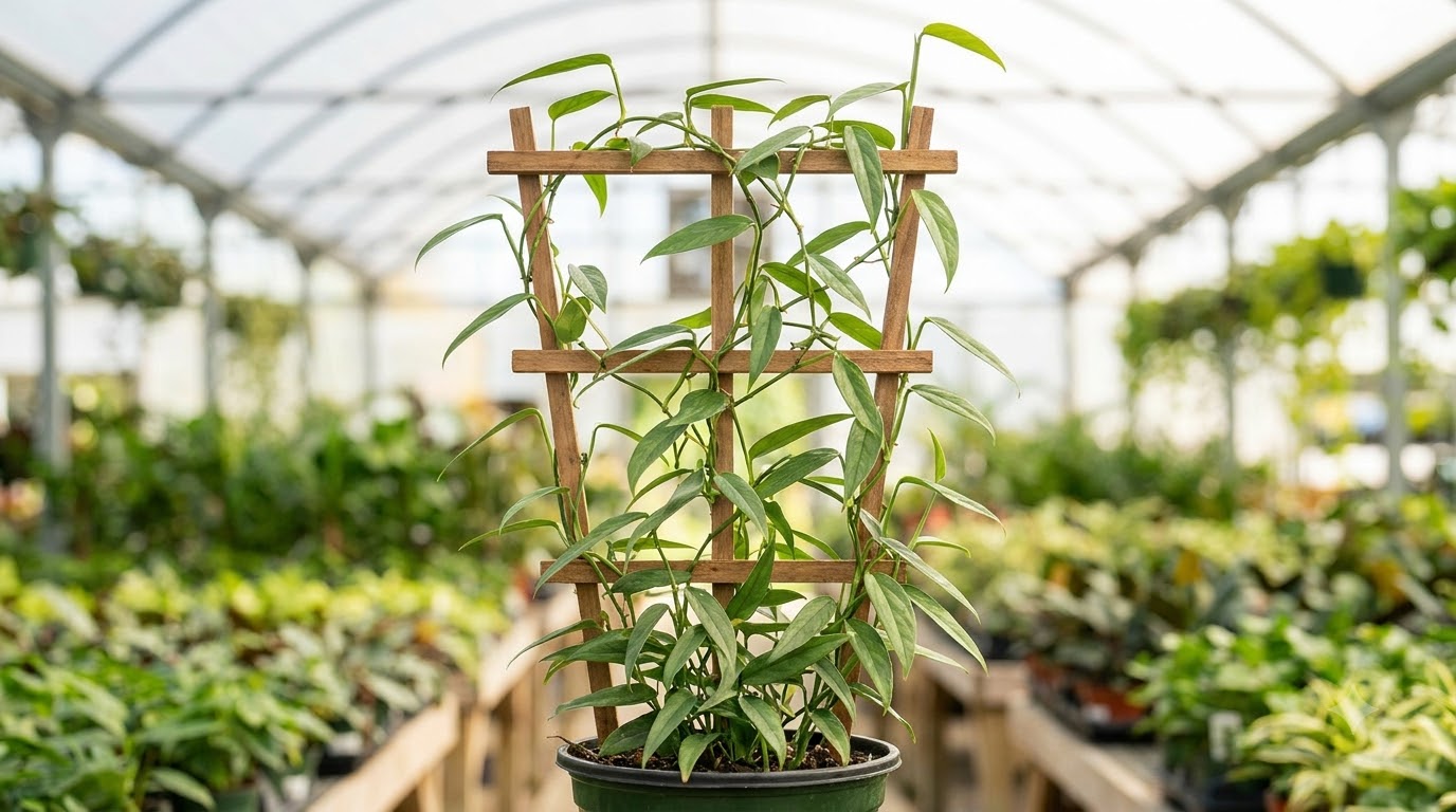 A potted climbing plant trained on a wooden trellis inside a greenhouse.
