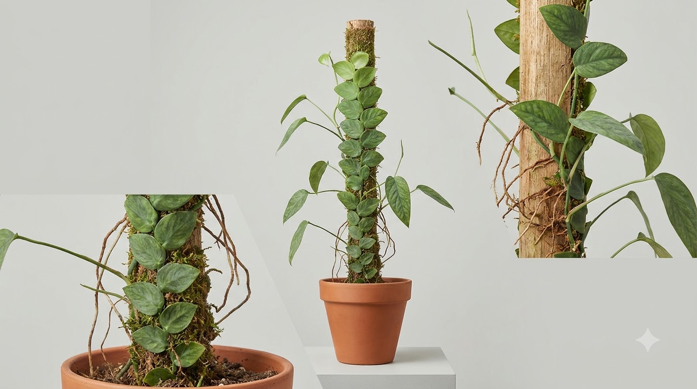Climbing plant with aerial roots growing upward along a moss pole in a terracotta pot with close-up insets.
