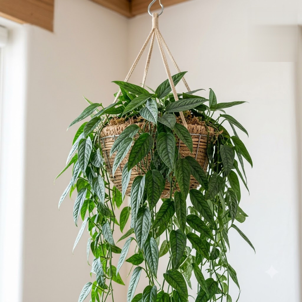 Monstera pittieri hanging in a woven basket indoors.