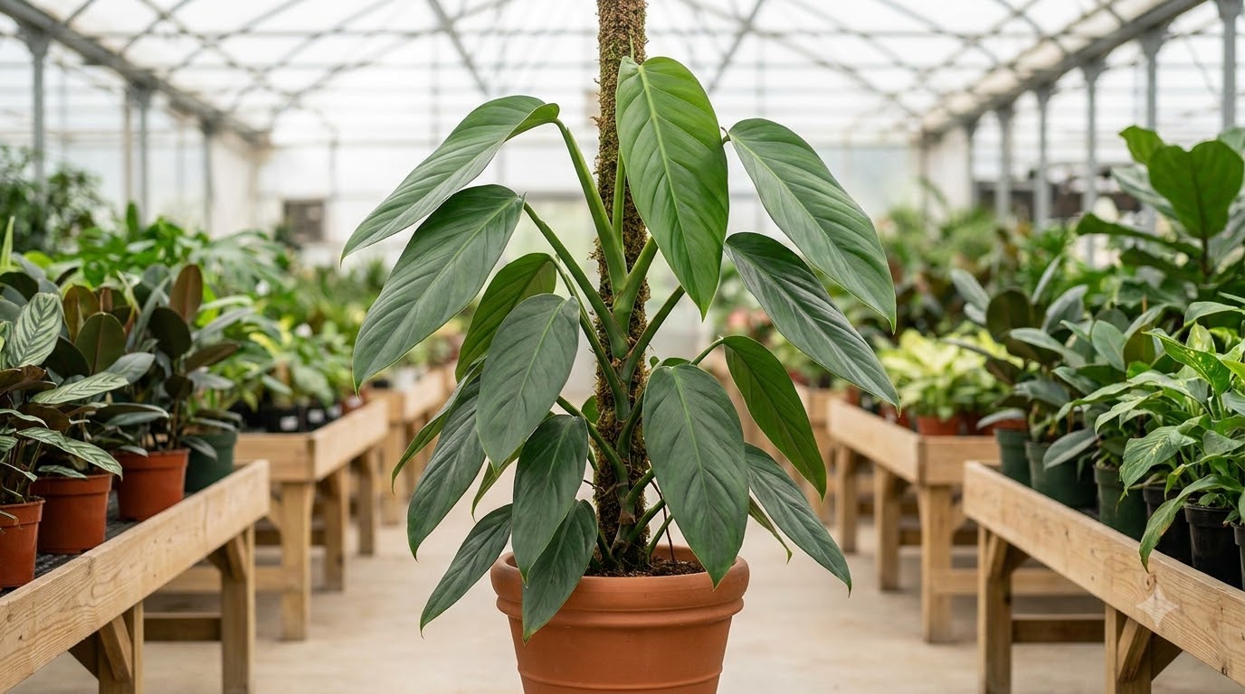 Large tropical plant with elongated green leaves climbing a moss pole in a terracotta pot inside a greenhouse.