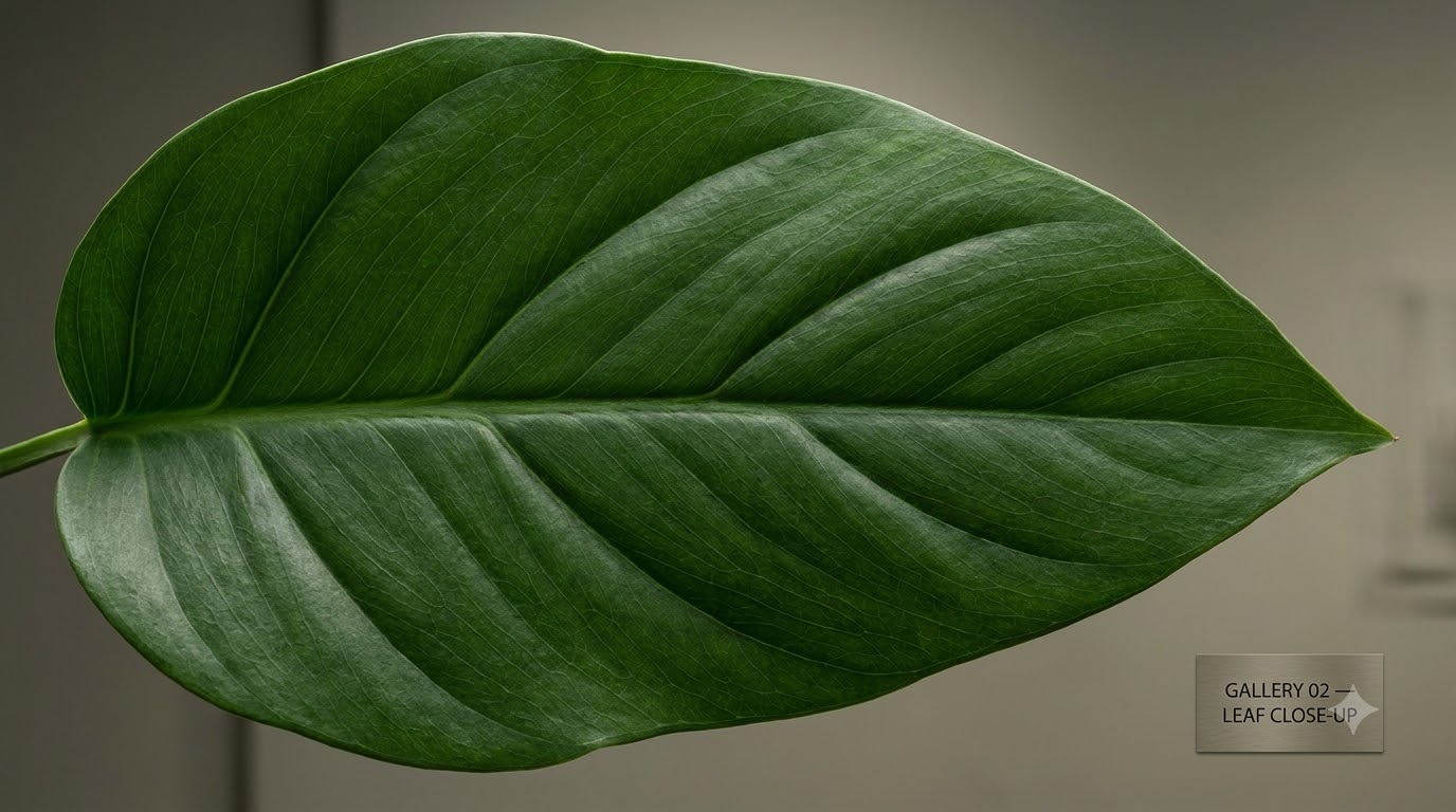 Close-up of a large green plant leaf showing detailed veins and texture.