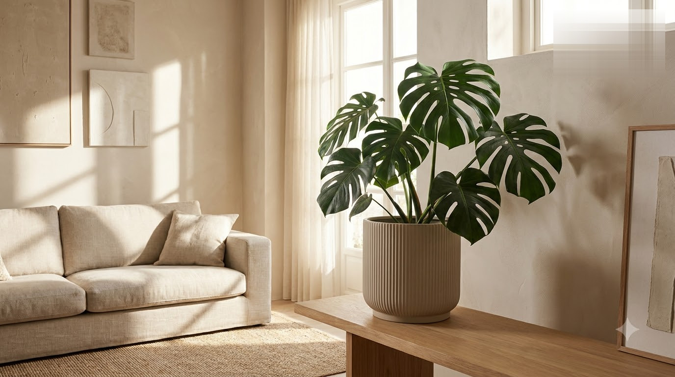 Monstera plant in a fluted pot on a wooden bench in a neutral living room.