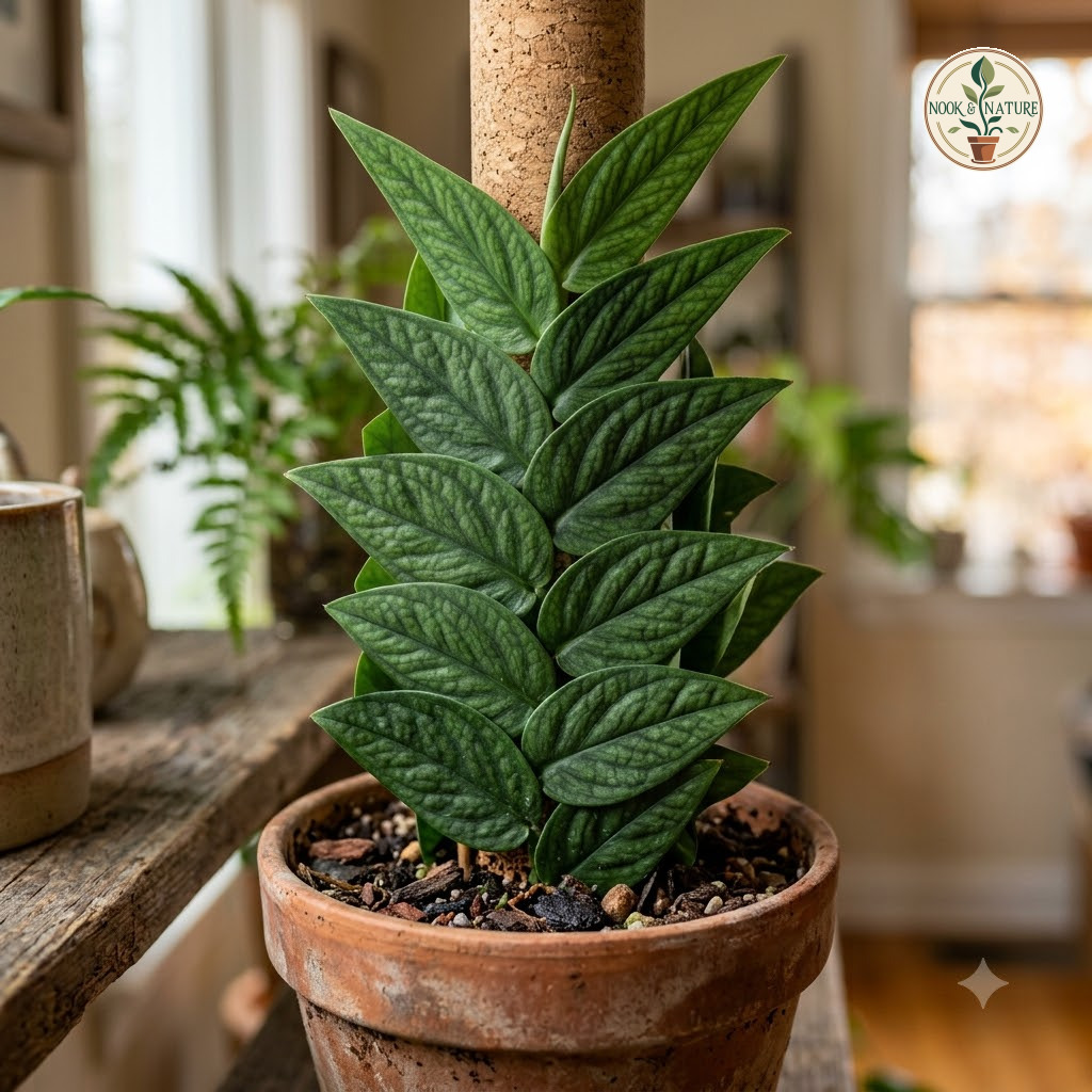 Monstera planadensis climbing a moss pole in a terracotta pot indoors.