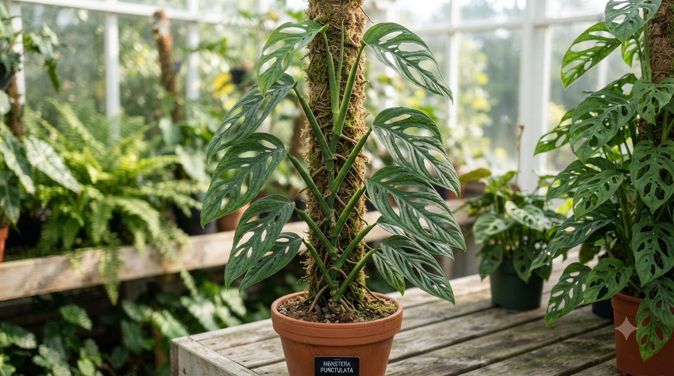 Monstera plant with fenestrated leaves climbing a moss pole in a terracotta pot on a wooden table.