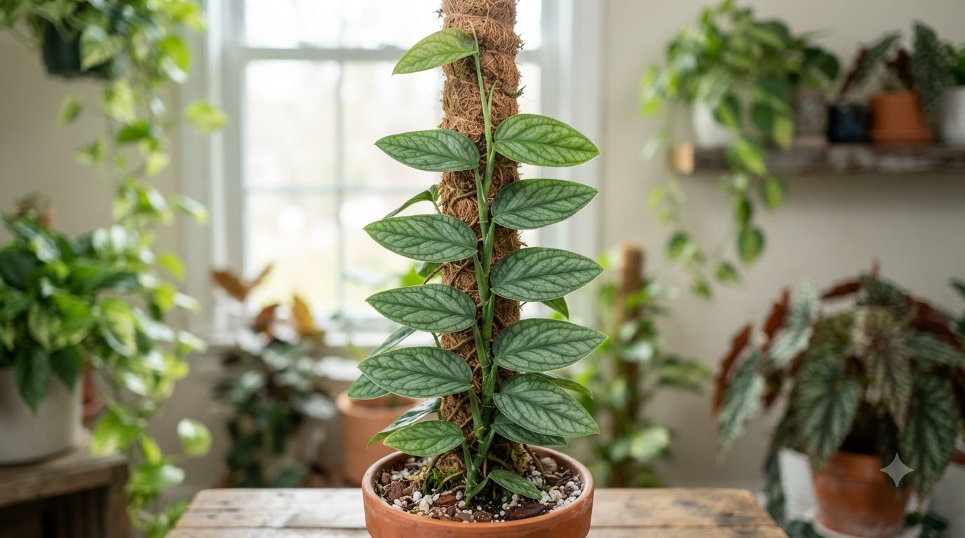 A climbing houseplant with textured leaves growing up a central moss pole in a pot.