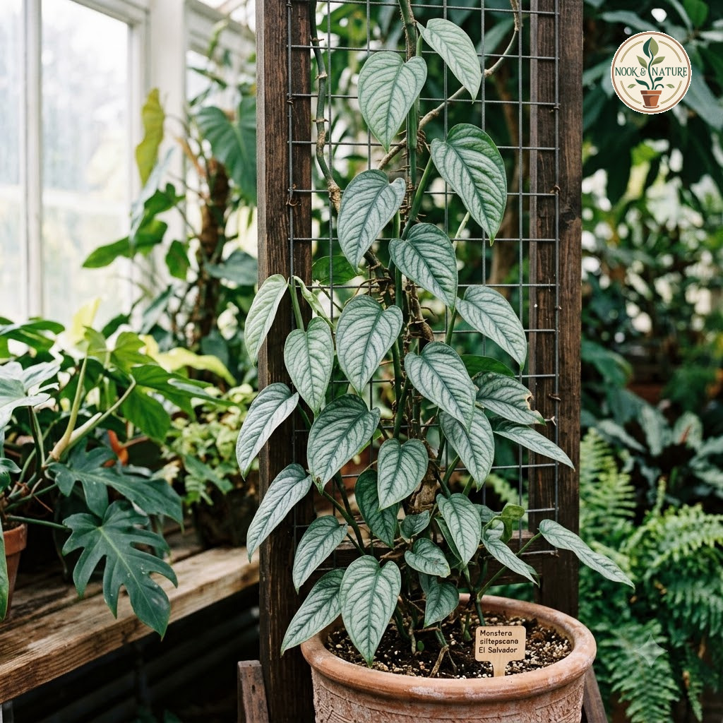 Monstera siltepecana climbing a wire trellis in a terracotta pot inside a greenhouse.