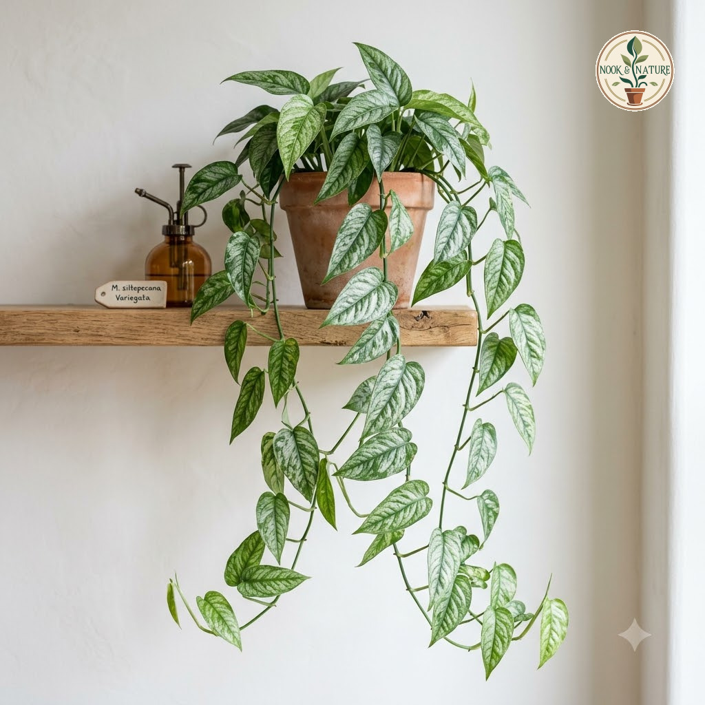 Potted Monstera siltepecana Variegata with trailing vines on a wooden shelf next to a plant mister.