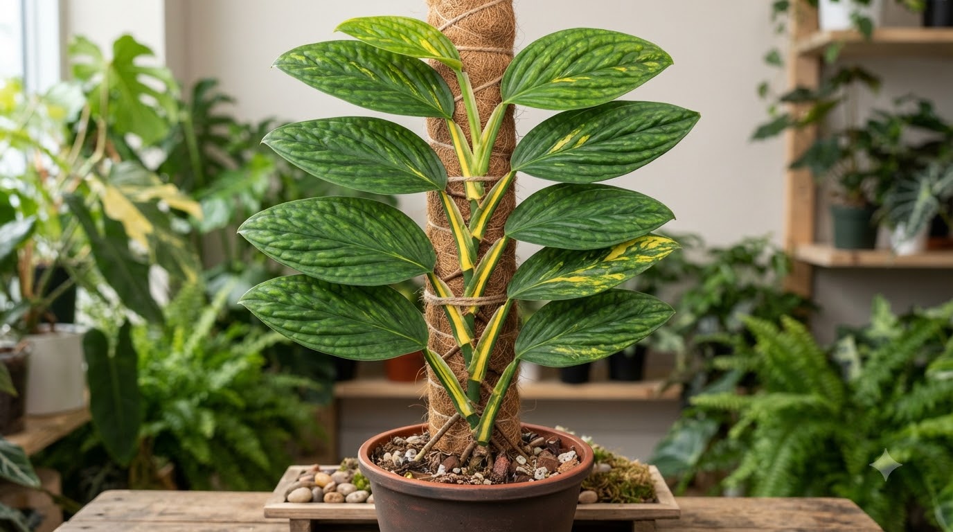 Monstera peru climbing a vertical coir totem pole in a potted plant indoors.