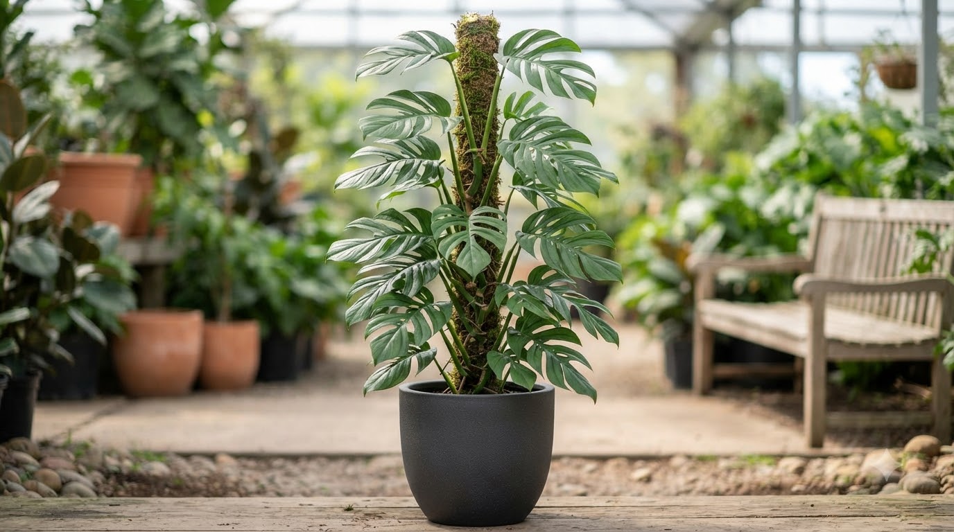 Monstera plant climbing a moss pole in a dark pot inside a greenhouse