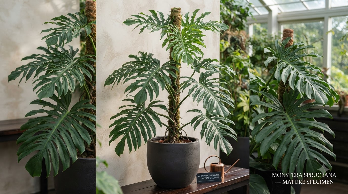 Three split-leaf potted plants with moss poles arranged in a gallery view.