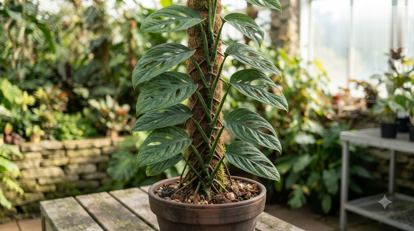 Monstera plant with fenestrated leaves climbing a moss pole in a pot on a wooden table.