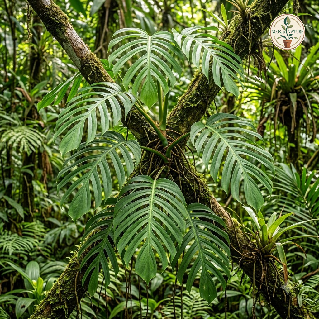 Monstera spruceana climbing a mossy tree in a tropical forest