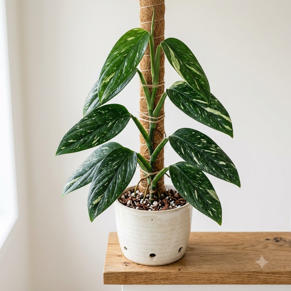 Monstera standleyana Cobra climbing a moss pole in a ceramic pot on a wooden shelf.