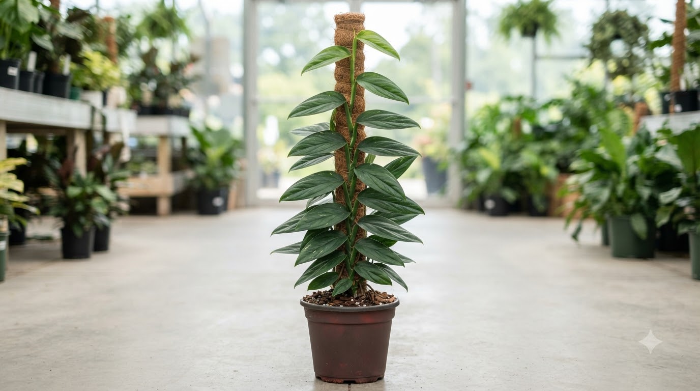 Climbing green plant supported by a tall coir pole in a pot inside a nursery.