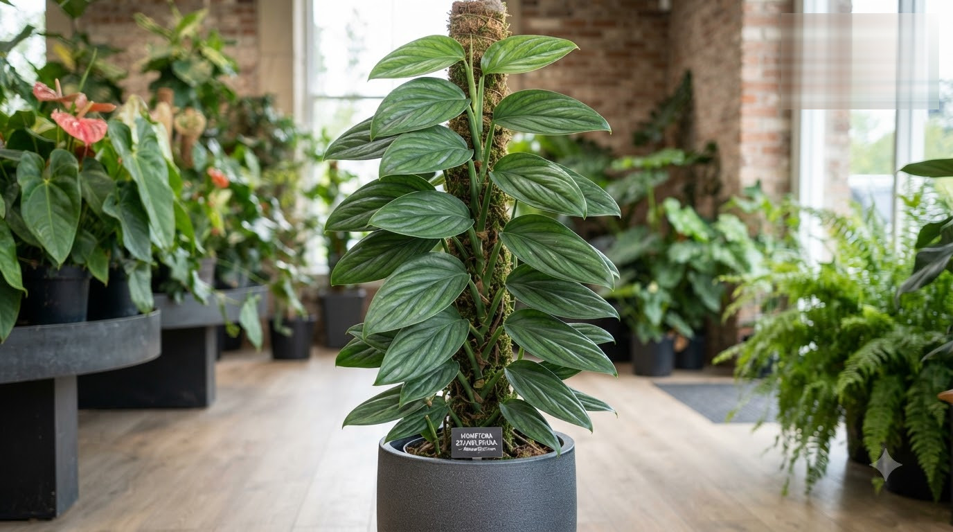 A climbing tropical houseplant with textured green leaves ascending a moss pole in a grey pot inside a plant shop.