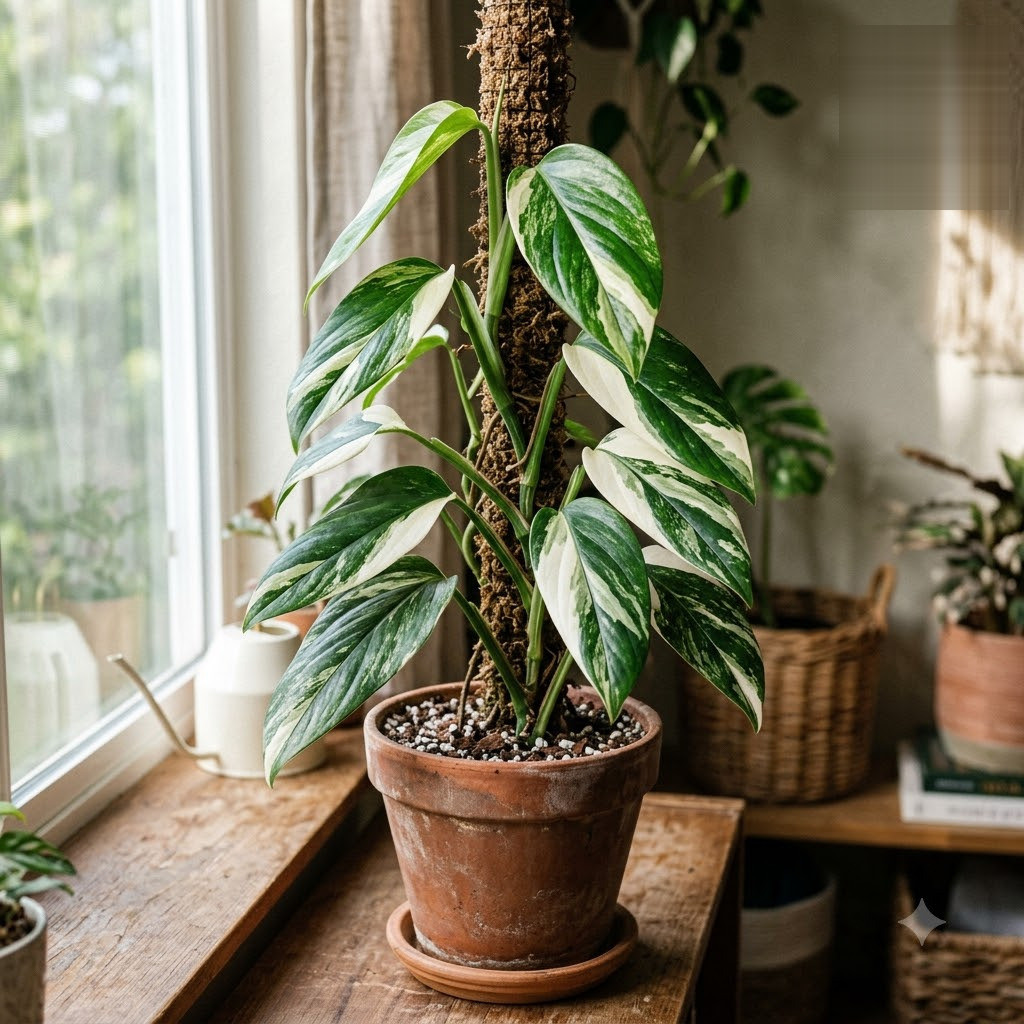 Monstera standleyana with variegated leaves climbing a moss pole in a terracotta pot on a windowsill.