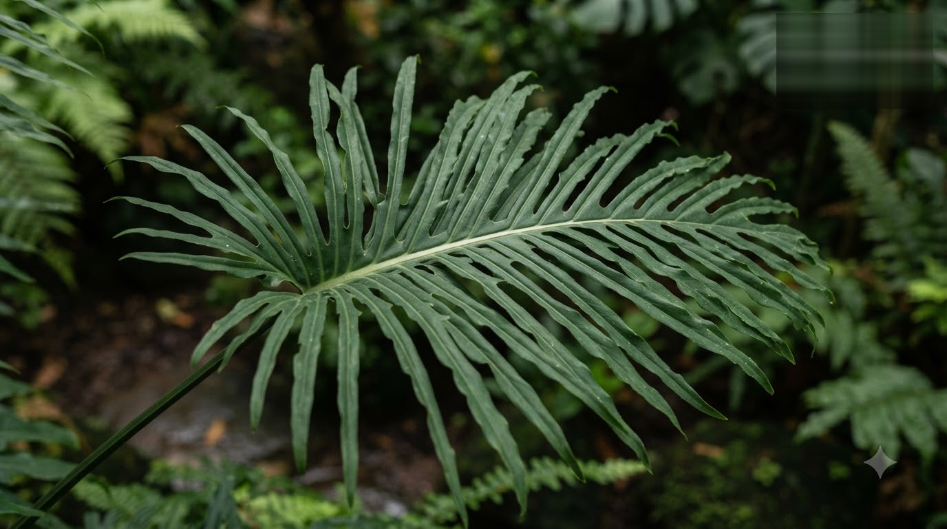 Close-up of a large, deeply lobed tropical green leaf with a distinct central vein against a blurred jungle background.