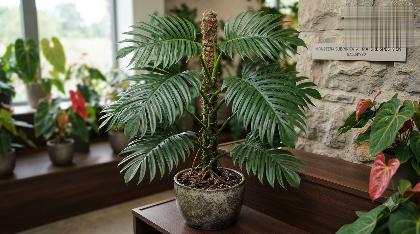 A mature Monstera subpinnata climbing a moss pole in a textured ceramic pot on a wooden display.