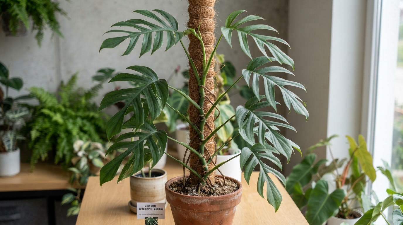 Monstera subpinnata climbing up a coir moss pole in a terracotta pot on a wooden table.