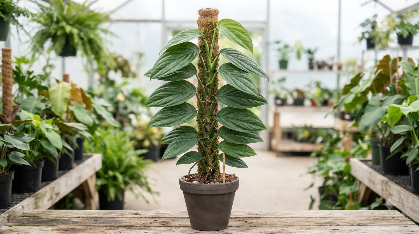 A potted climbing plant with ribbed green leaves growing vertically up a moss pole in a greenhouse.