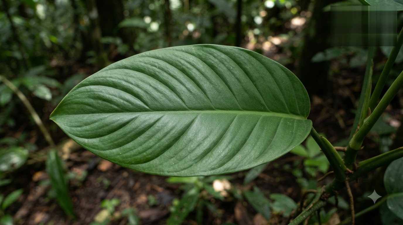 Close-up of a large, oval green leaf with prominent parallel veins in a tropical forest setting.