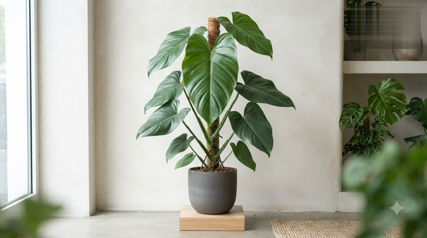Large green-leafed houseplant growing up a moss pole in a grey pot on a wooden block.
