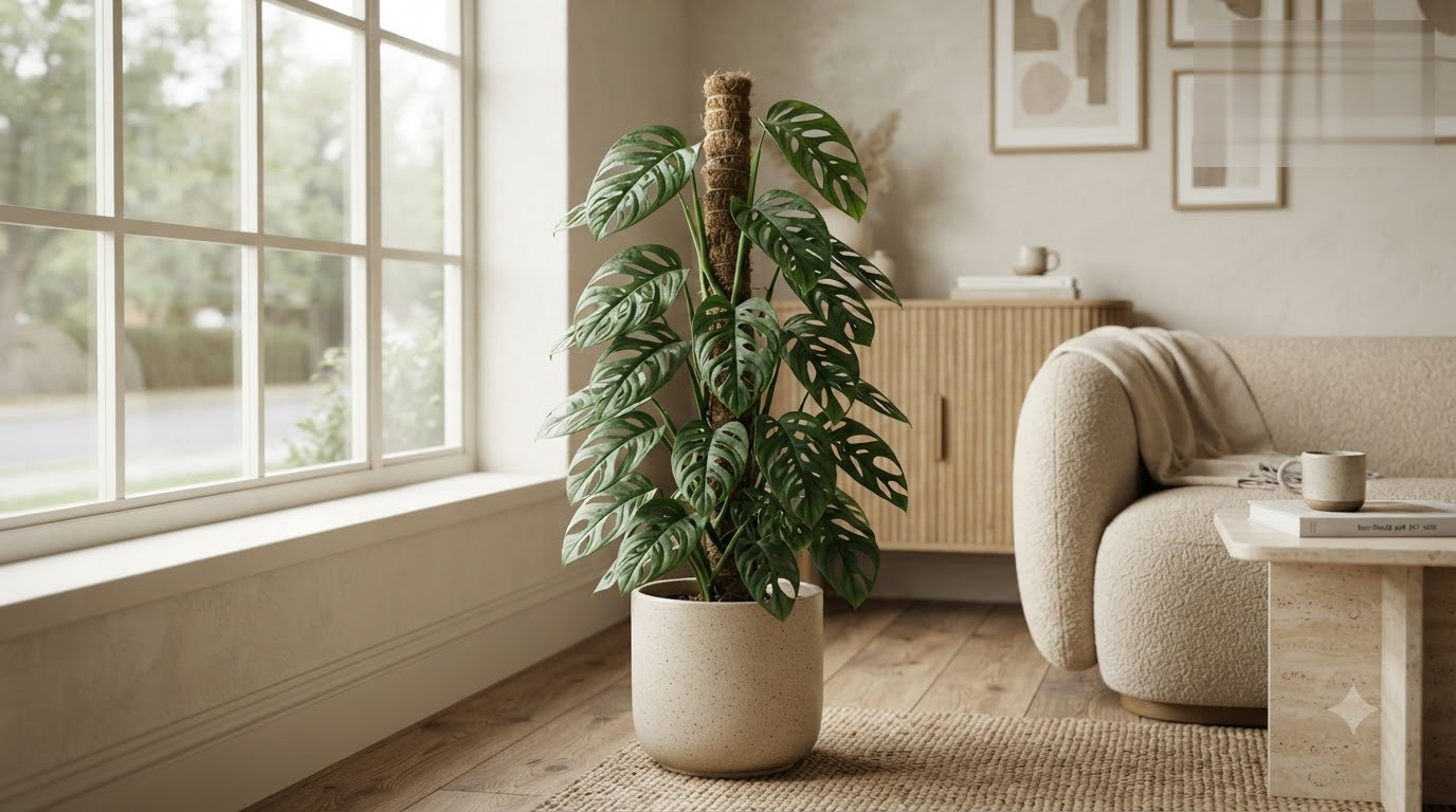A potted Monstera plant with fenestrated leaves growing up a moss pole in a bright living room.