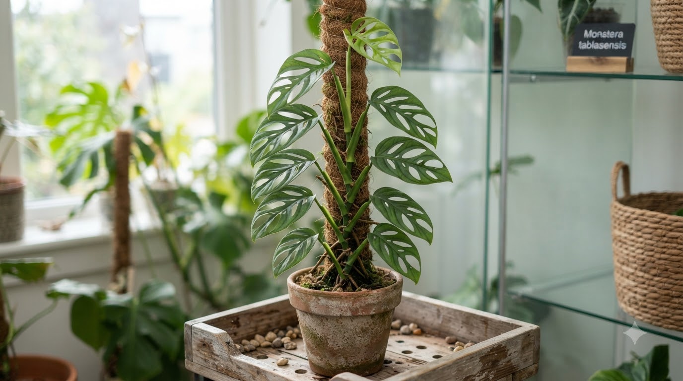 Monstera plant with fenestrated leaves climbing a coir totem pole in a terracotta pot.