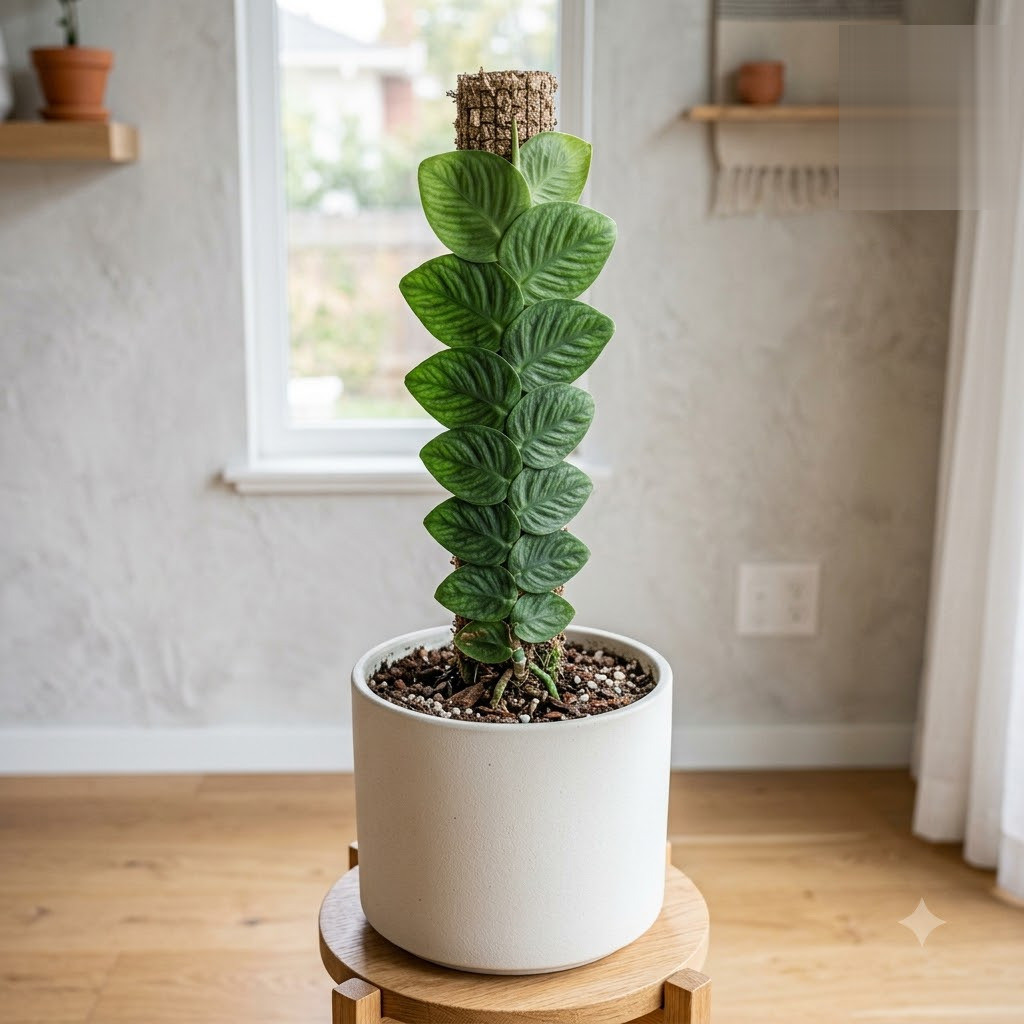 Monstera tablasensis climbing a moss pole in a white pot on a wooden stand.