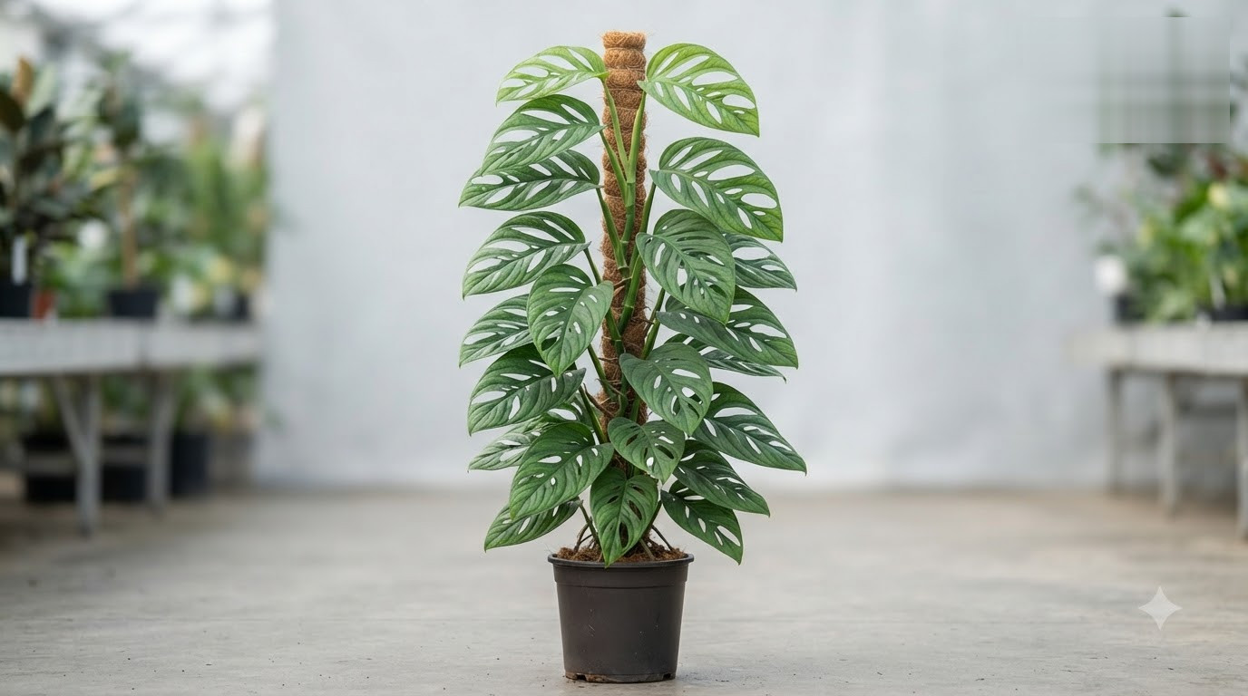Monstera plant with fenestrated leaves growing up a coir moss pole in a pot.