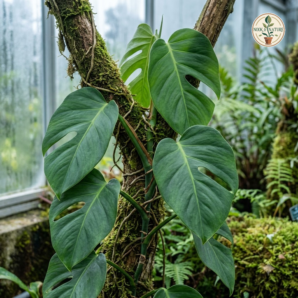 Monstera tacanaensis climbing a mossy tree trunk with large green fenestrated leaves.