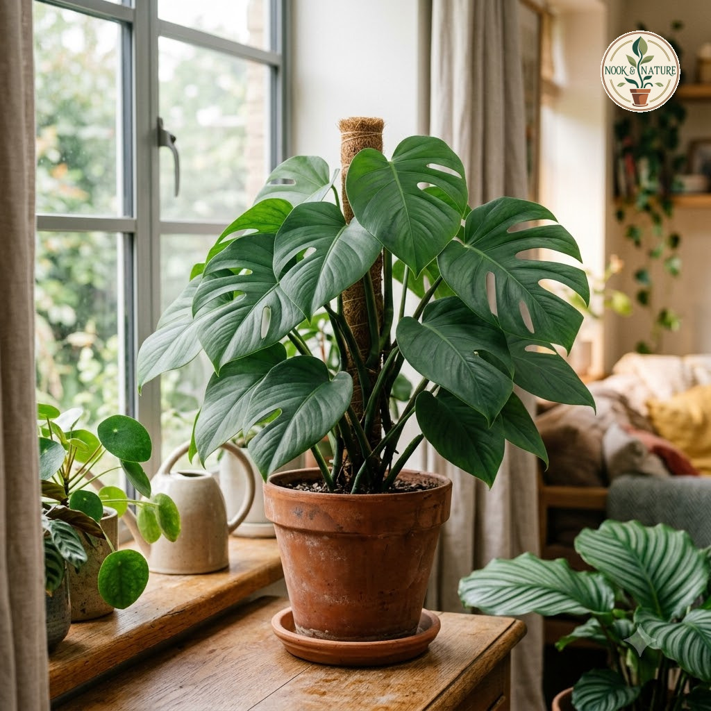 Potted Monstera tarrazuensis climbing a moss pole on a wooden windowsill.