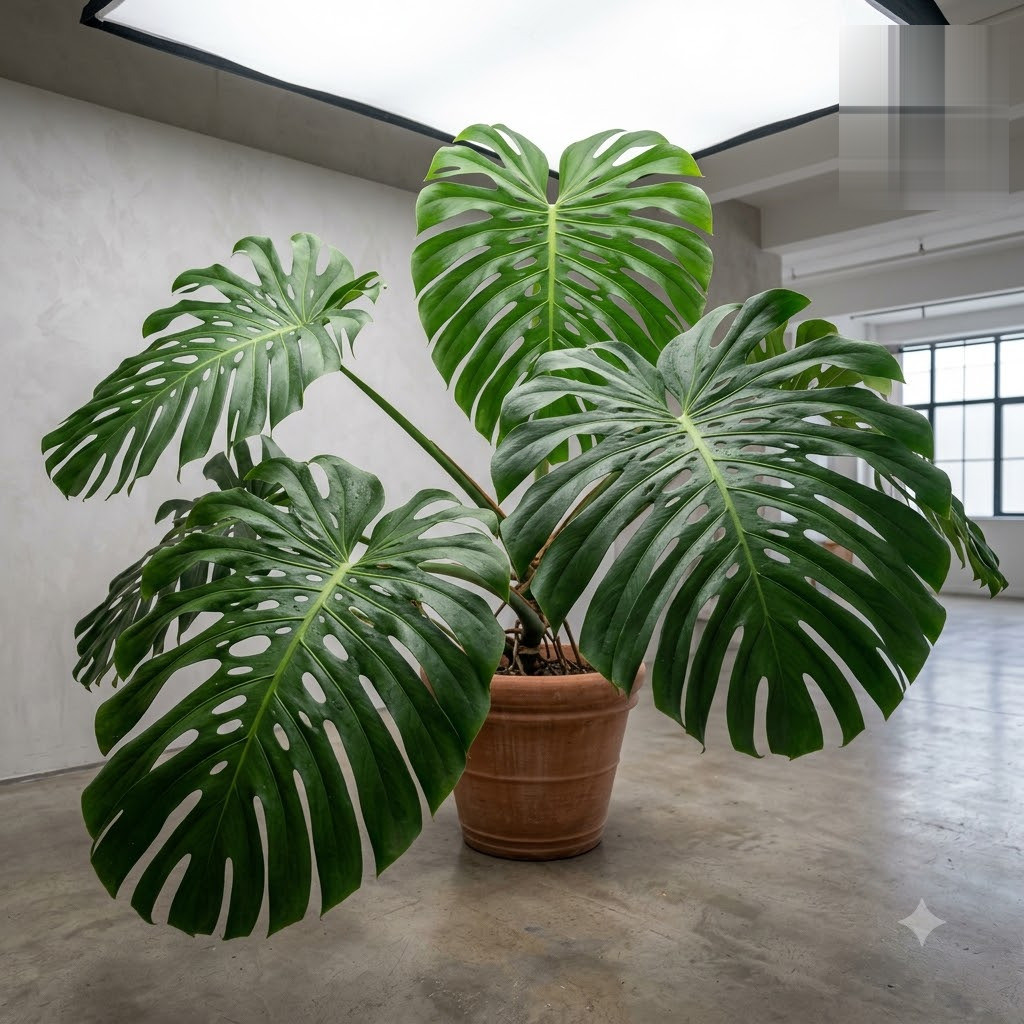 Large potted Monstera titanum with broad, fenestrated leaves in an indoor studio.