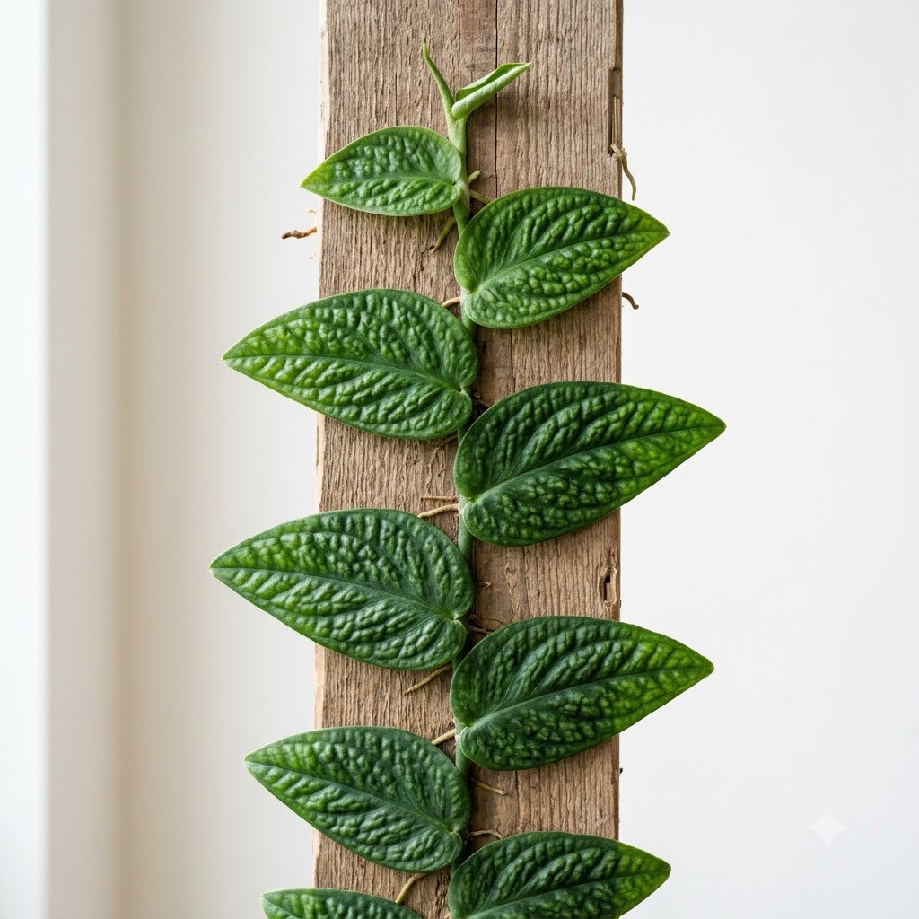 Monstera tuberculata climbing up a wooden plank, showing textured green leaves.