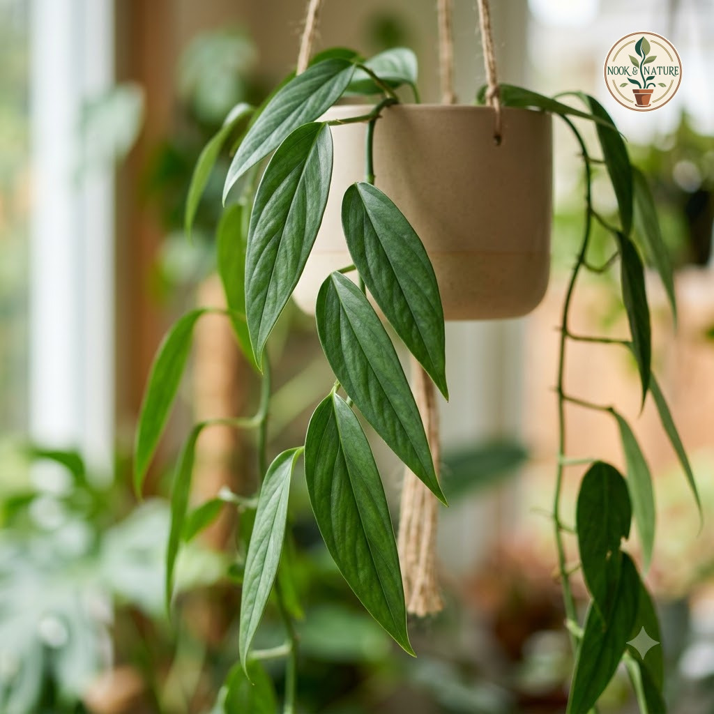 Monstera vasquezii with elongated green leaves cascading from a hanging pot indoors.
