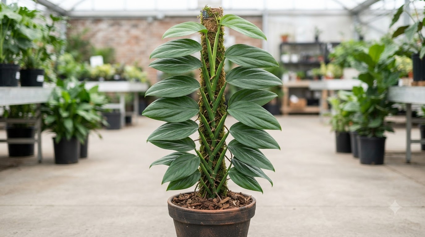 Potted climbing plant with symmetrical, oblong leaves growing up a central moss pole.