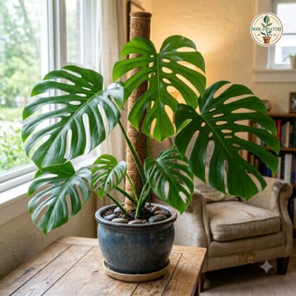 Monstera acacoyaguensis with fenestrated leaves climbing a moss pole in a blue ceramic pot on a wooden table.