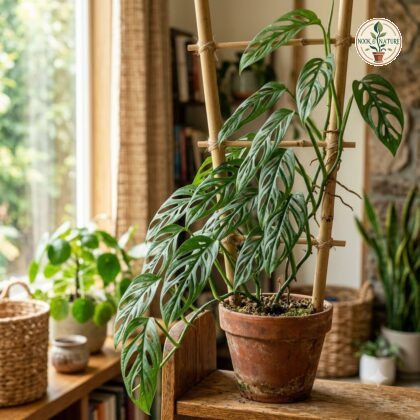 Monstera adansonii plant in a terracotta pot climbing on a wooden ladder trellis indoors.