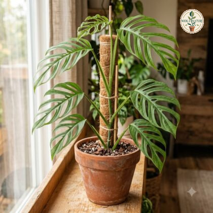 Monstera alcirana in a terracotta pot climbing a moss pole by a bright window.