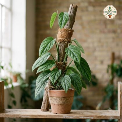 Monstera alfaroi climbing a wooden pole in a terracotta pot on a wooden shelf.