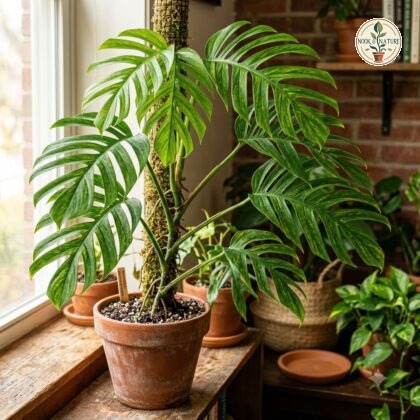 Potted Monstera aureopinnata with deeply lobed leaves climbing a moss pole indoors.