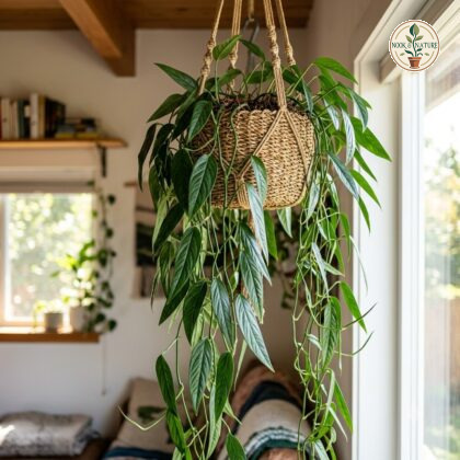 Monstera boliviana with trailing foliage in a woven hanging basket near a window.