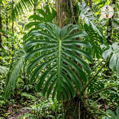 A close-up of a Monstera buseyi climbing a mossy tree trunk in a tropical forest.